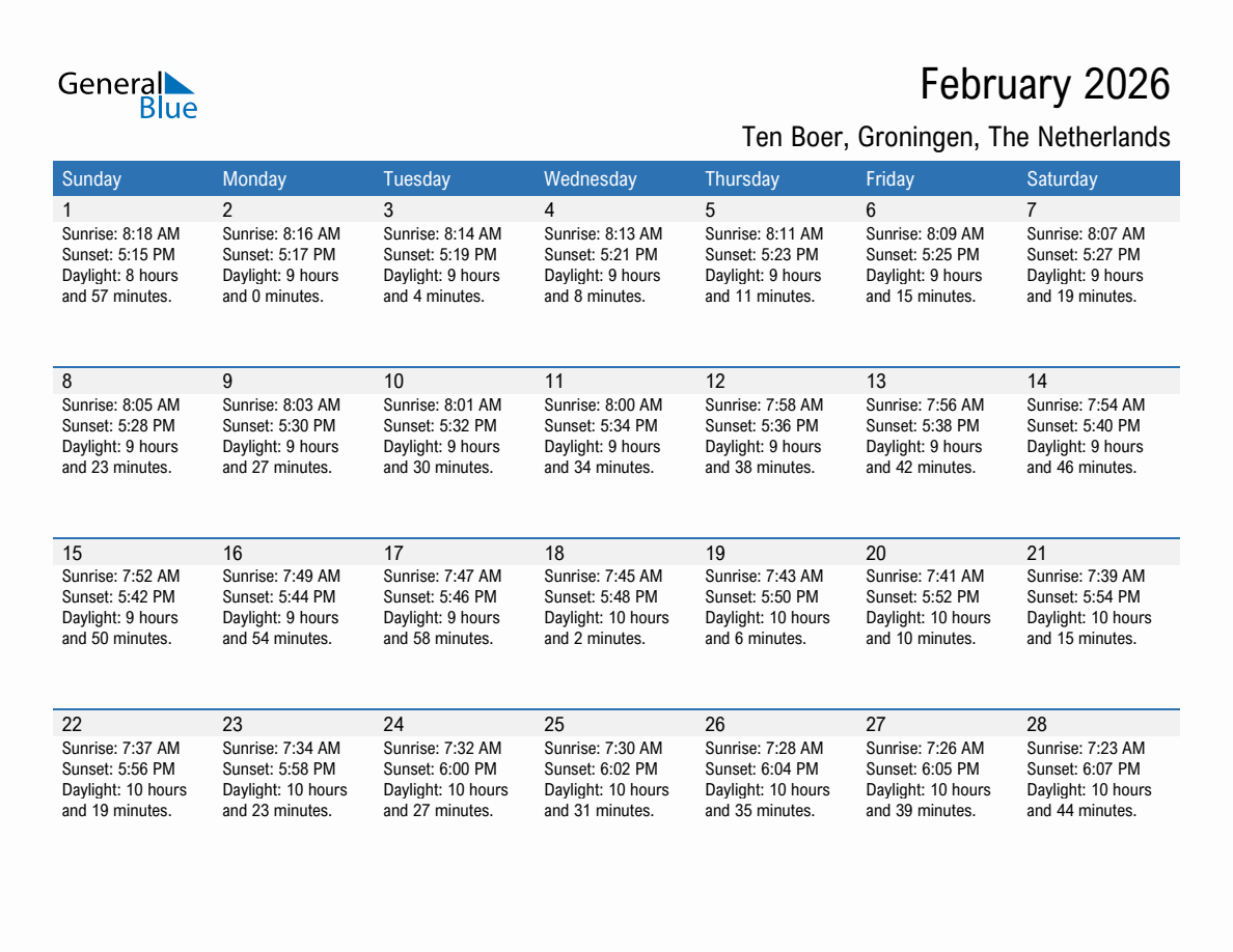 February 2026 sunrise and sunset calendar for Ten Boer