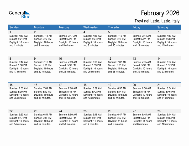 Trevi nel Lazio February 2026 sunrise and sunset calendar in PDF, Excel, and Word