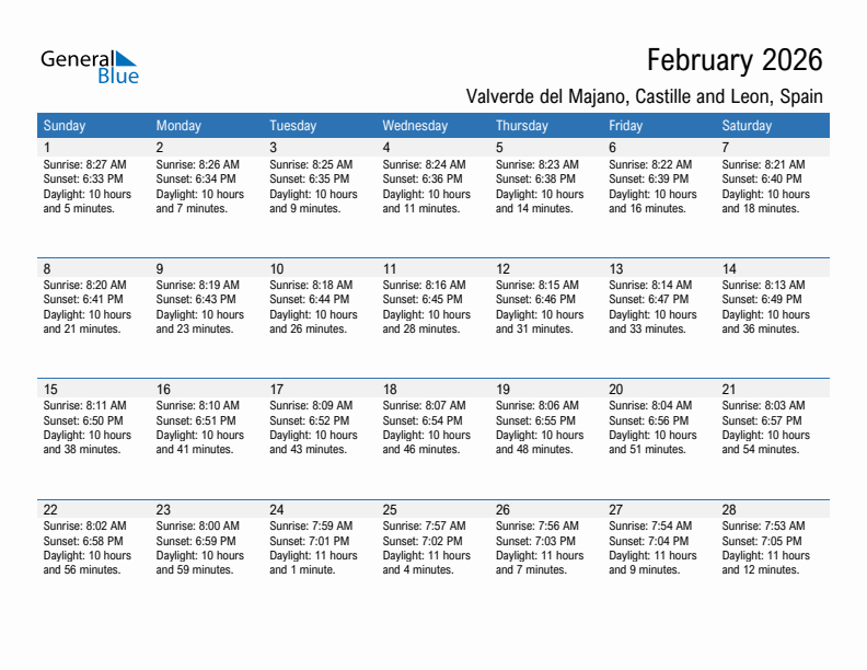 Valverde del Majano February 2026 sunrise and sunset calendar in PDF, Excel, and Word