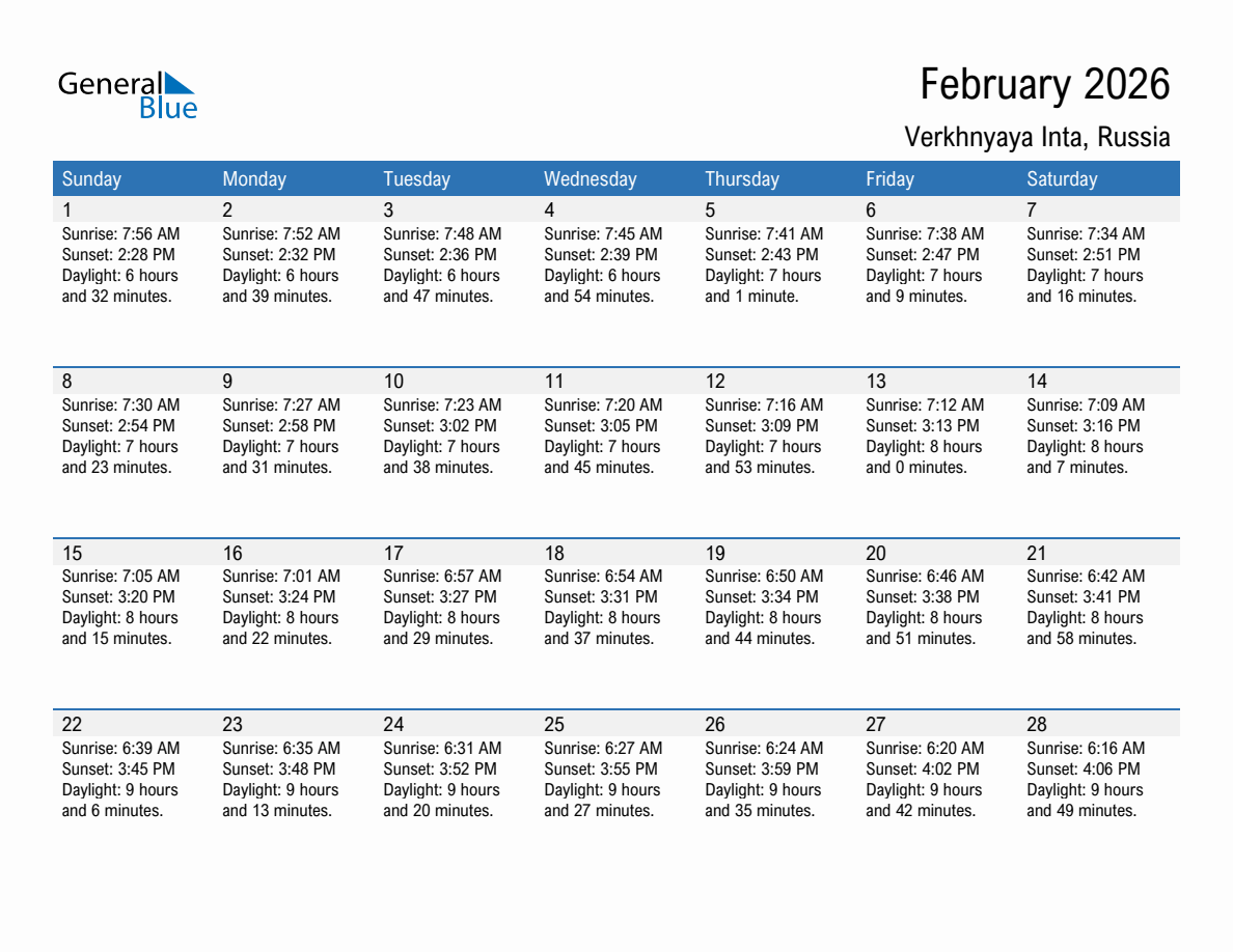 February 2026 sunrise and sunset calendar for Verkhnyaya Inta