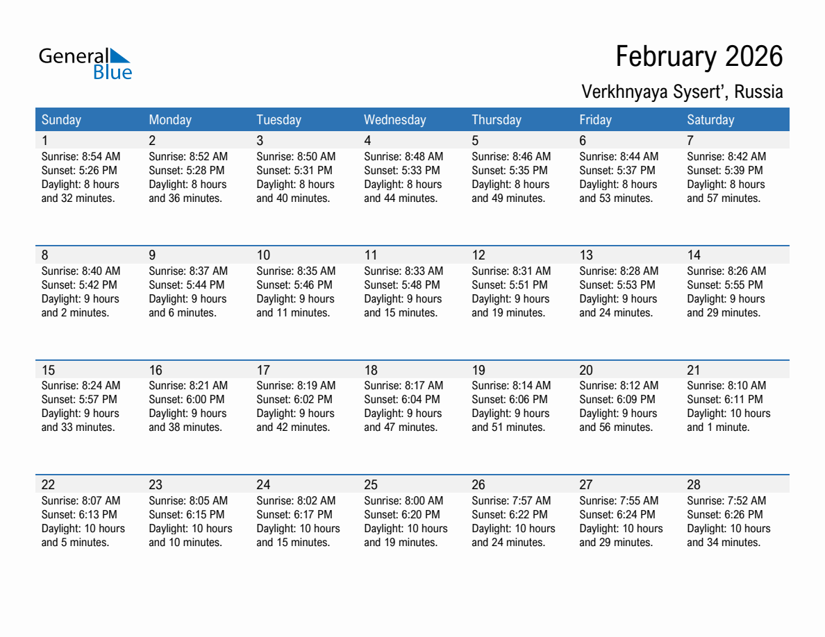 February 2026 sunrise and sunset calendar for Verkhnyaya Sysert'