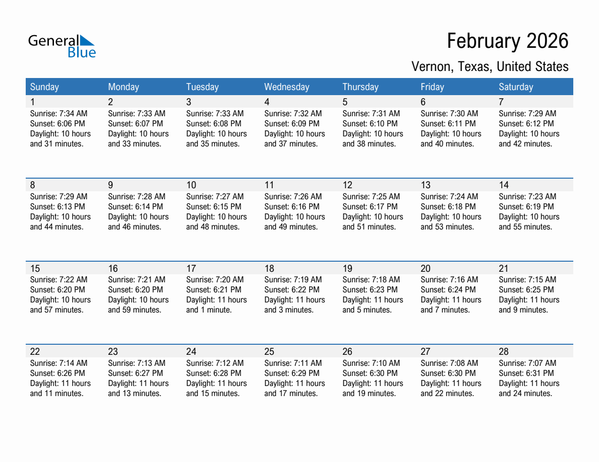 February 2026 sunrise and sunset calendar for Vernon