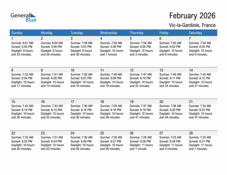 Vic-la-Gardiole February 2026 sunrise and sunset calendar in PDF, Excel, and Word