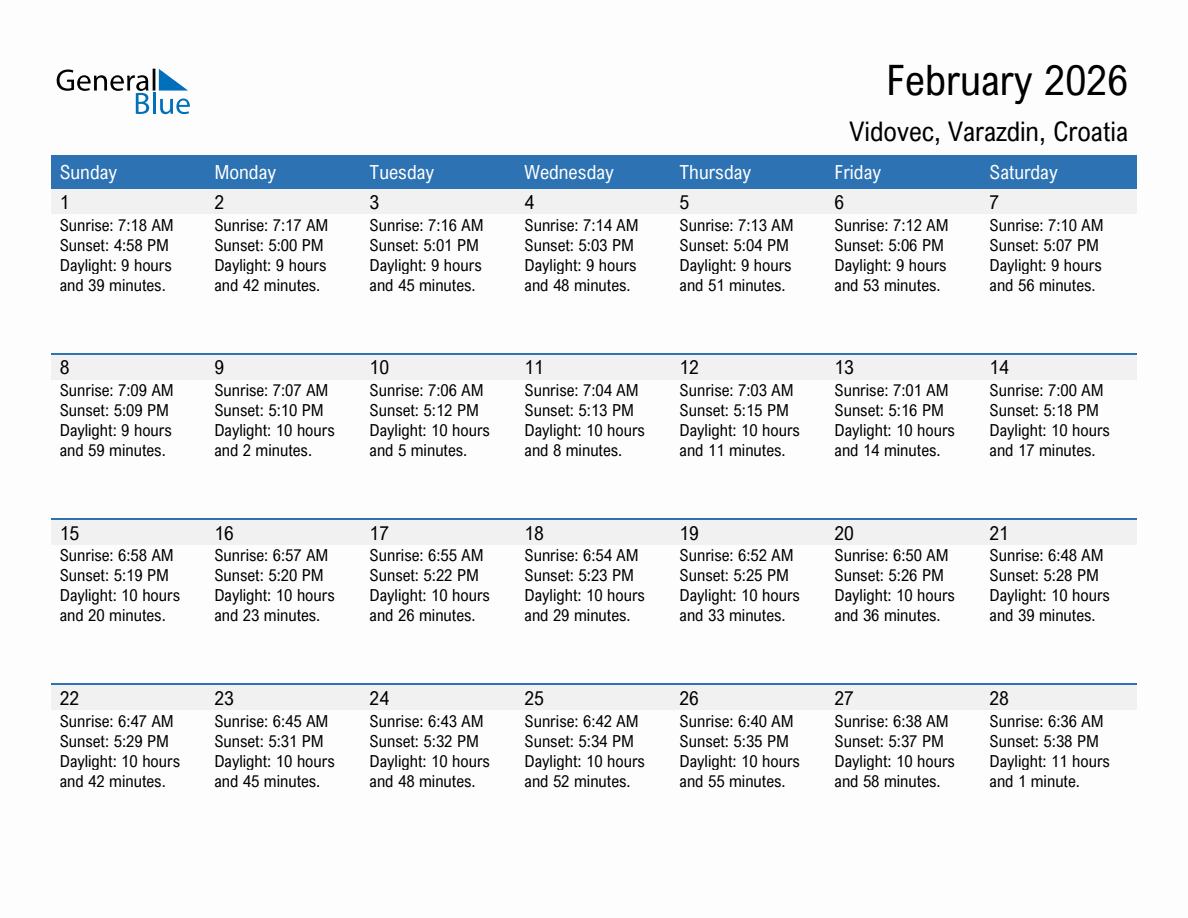 February 2026 sunrise and sunset calendar for Vidovec