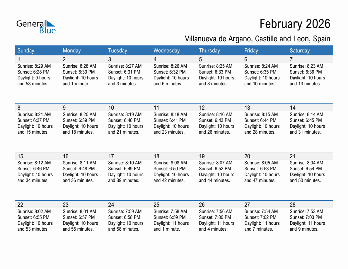 February 2026 sunrise and sunset calendar for Villanueva de Argano