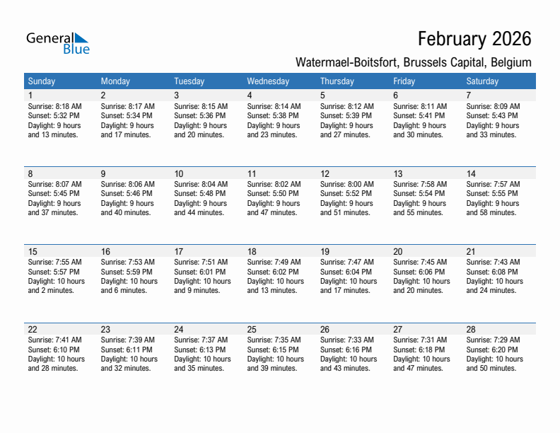 Watermael-Boitsfort February 2026 sunrise and sunset calendar in PDF, Excel, and Word