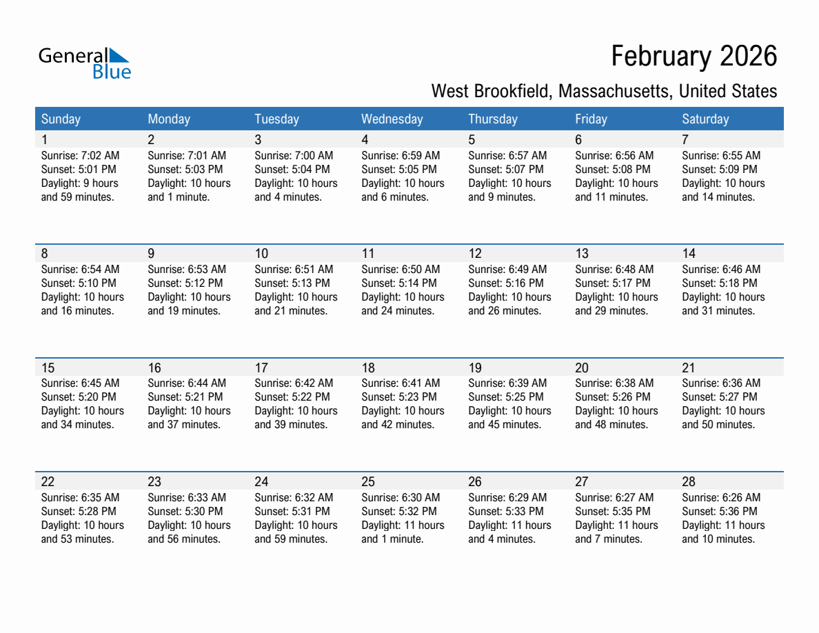 February 2026 sunrise and sunset calendar for West Brookfield
