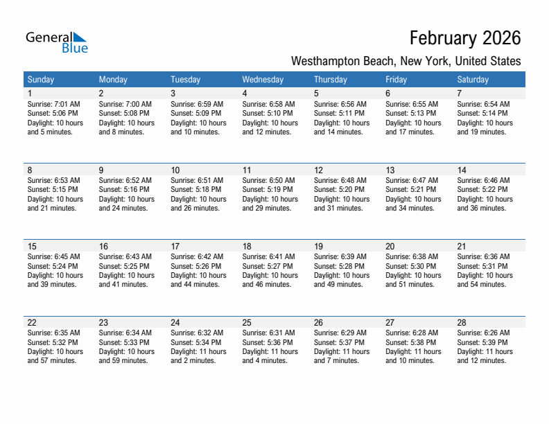 Westhampton Beach February 2026 sunrise and sunset calendar in PDF, Excel, and Word