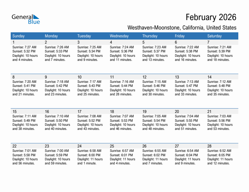Westhaven-Moonstone February 2026 sunrise and sunset calendar in PDF, Excel, and Word
