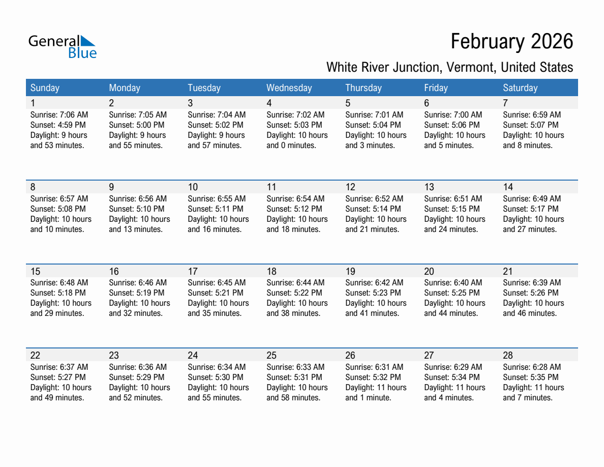 February 2026 sunrise and sunset calendar for White River Junction