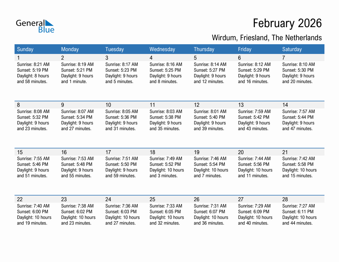 February 2026 sunrise and sunset calendar for Wirdum