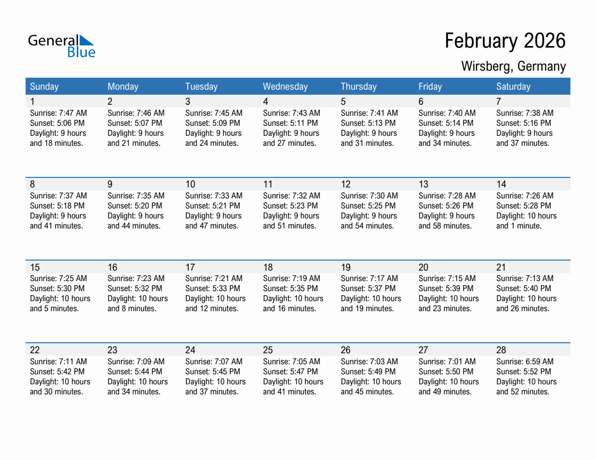 February 2026 sunrise and sunset calendar for Wirsberg