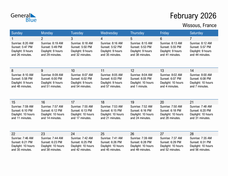 Wissous February 2026 sunrise and sunset calendar in PDF, Excel, and Word