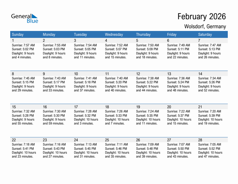 Wolsdorf February 2026 sunrise and sunset calendar in PDF, Excel, and Word