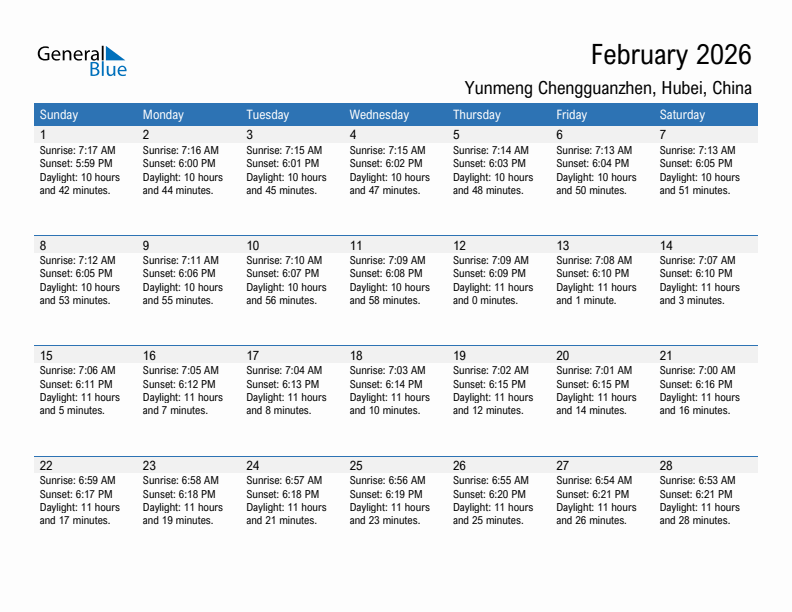 Yunmeng Chengguanzhen February 2026 sunrise and sunset calendar in PDF, Excel, and Word