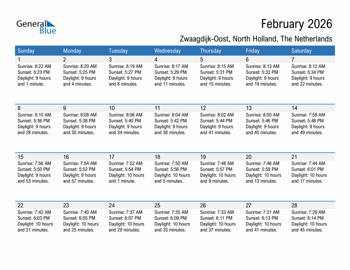 February 2026 sunrise and sunset calendar for Zwaagdijk-Oost