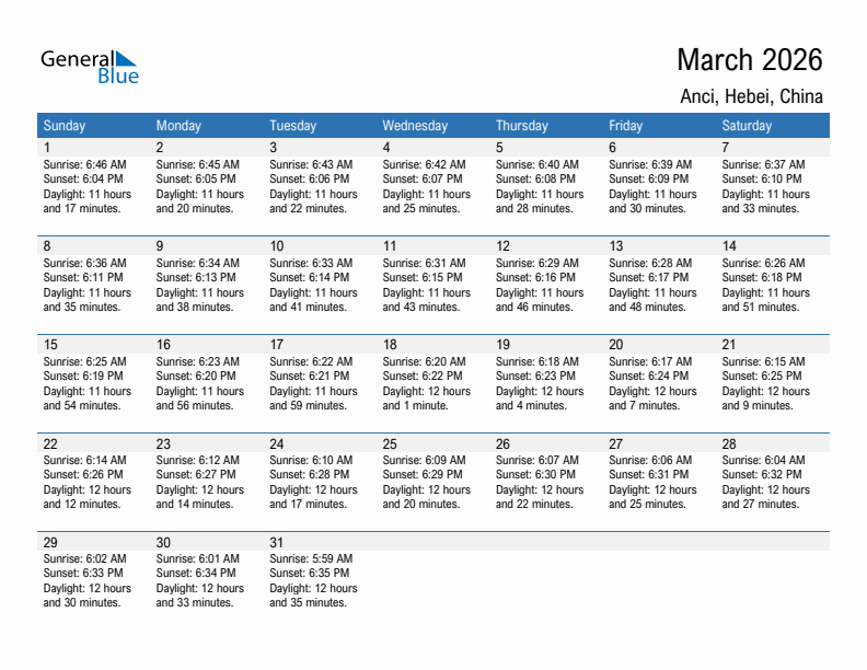 Anci March 2026 sunrise and sunset calendar in PDF, Excel, and Word