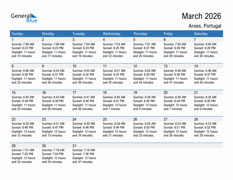 Aroes March 2026 sunrise and sunset calendar in PDF, Excel, and Word