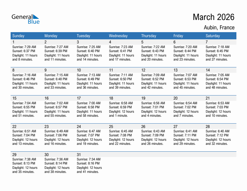 Aubin March 2026 sunrise and sunset calendar in PDF, Excel, and Word