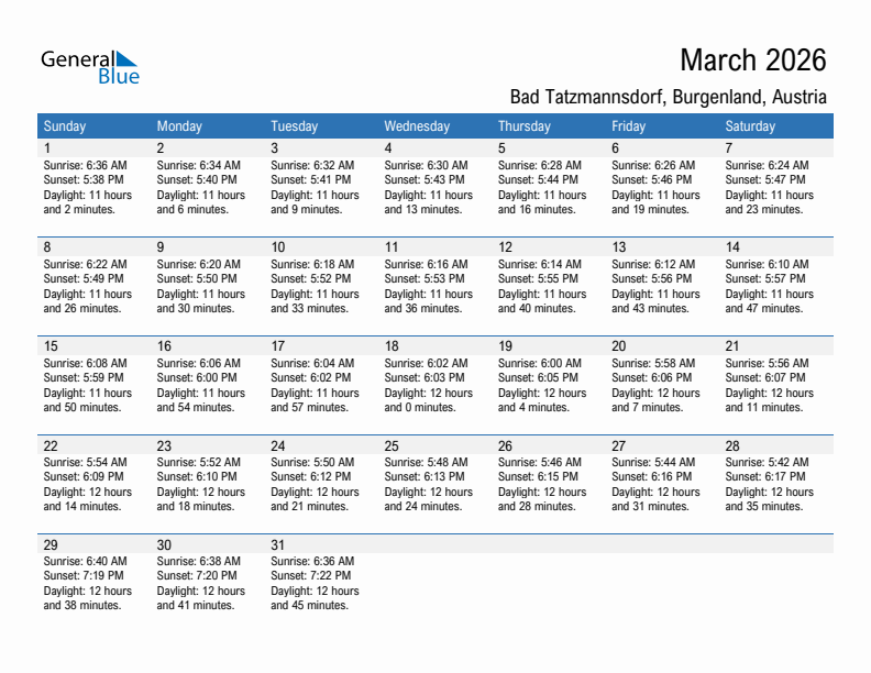 Bad Tatzmannsdorf March 2026 sunrise and sunset calendar in PDF, Excel, and Word