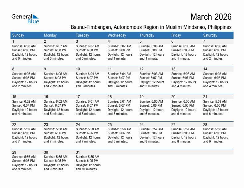Baunu-Timbangan March 2026 sunrise and sunset calendar in PDF, Excel, and Word