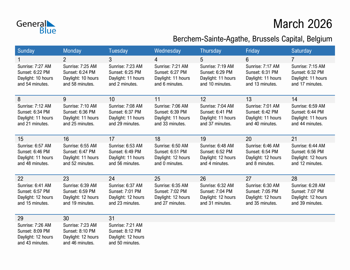 March 2026 sunrise and sunset calendar for Berchem-Sainte-Agathe