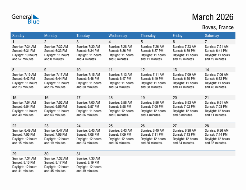 Boves March 2026 sunrise and sunset calendar in PDF, Excel, and Word