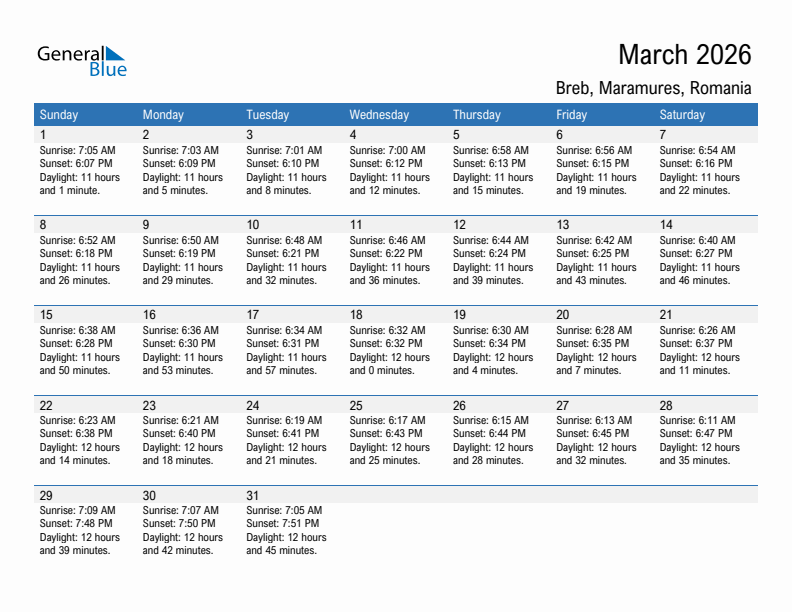 Breb March 2026 sunrise and sunset calendar in PDF, Excel, and Word