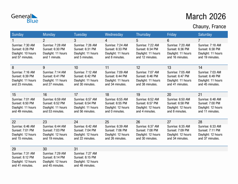Chauny March 2026 sunrise and sunset calendar in PDF, Excel, and Word