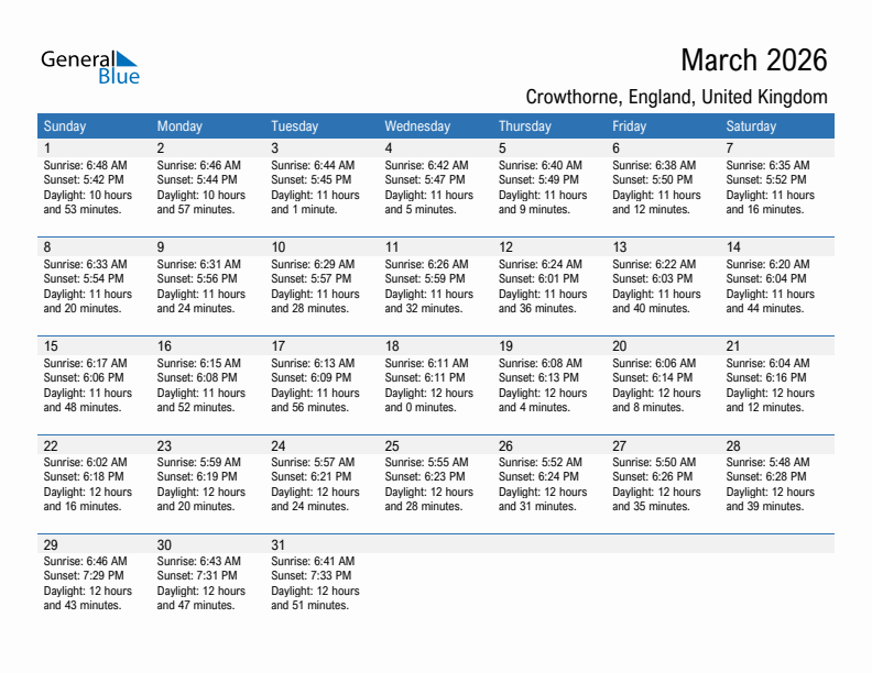Crowthorne March 2026 sunrise and sunset calendar in PDF, Excel, and Word