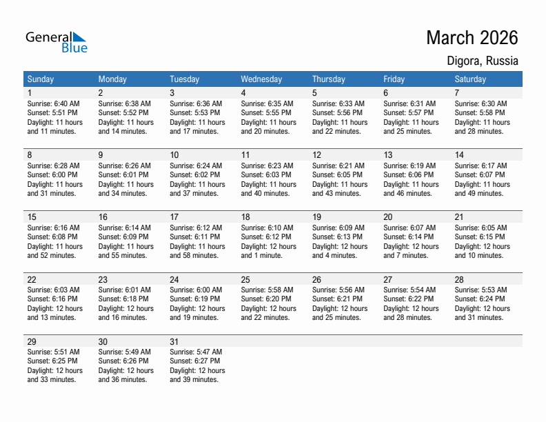 Digora March 2026 sunrise and sunset calendar in PDF, Excel, and Word