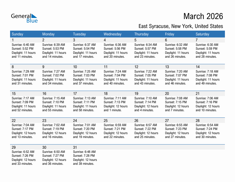 East Syracuse March 2026 sunrise and sunset calendar in PDF, Excel, and Word