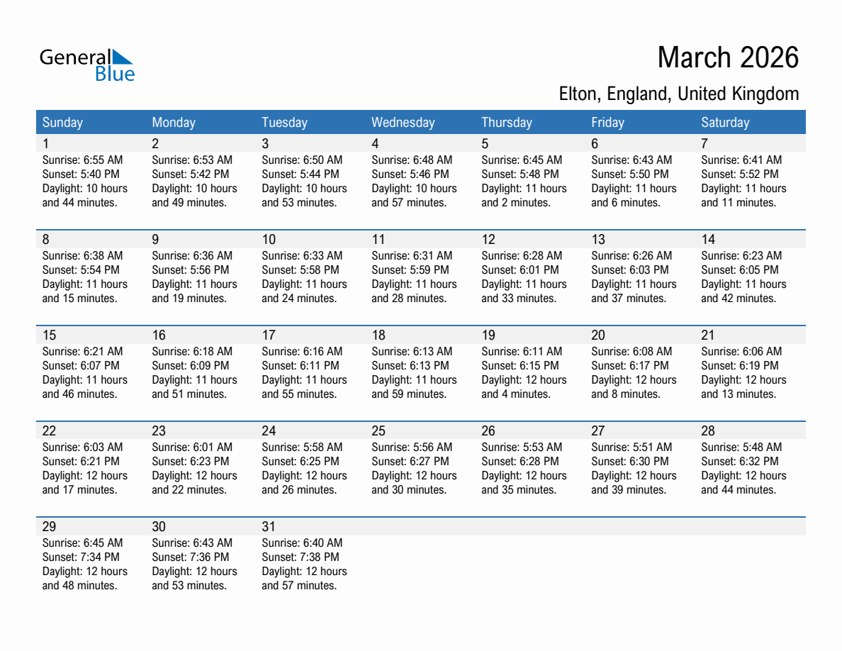 March 2026 sunrise and sunset calendar for Elton