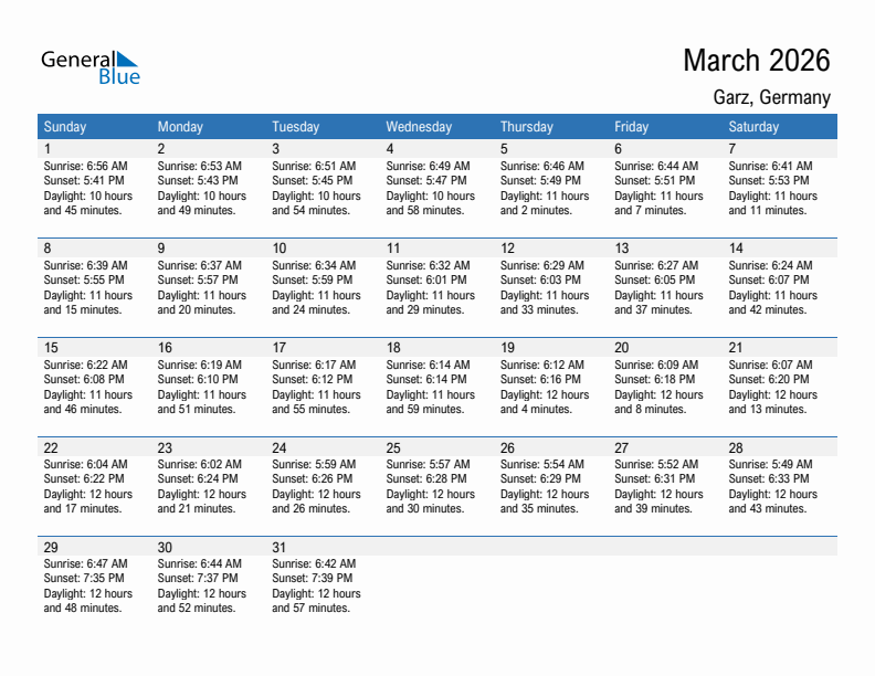Garz March 2026 sunrise and sunset calendar in PDF, Excel, and Word