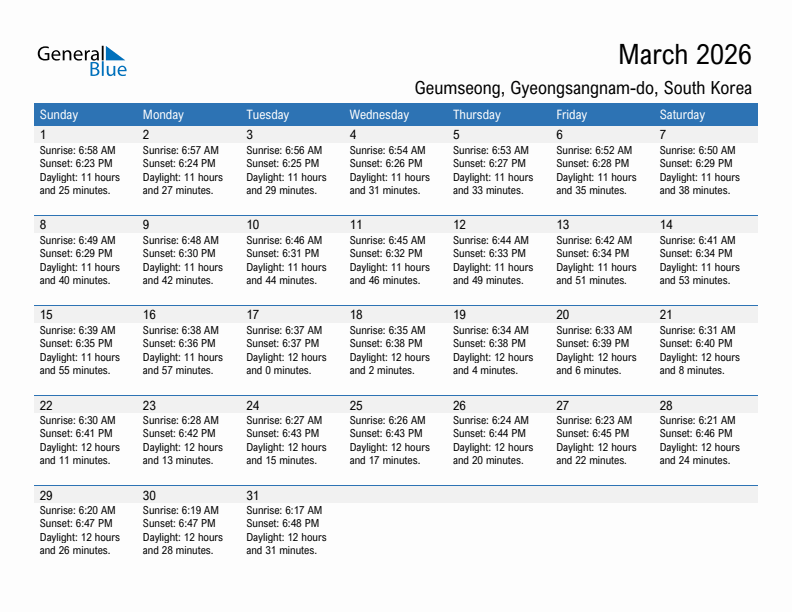 Geumseong March 2026 sunrise and sunset calendar in PDF, Excel, and Word