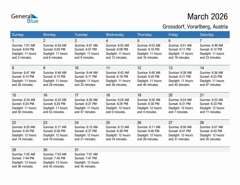 Grossdorf March 2026 sunrise and sunset calendar in PDF, Excel, and Word