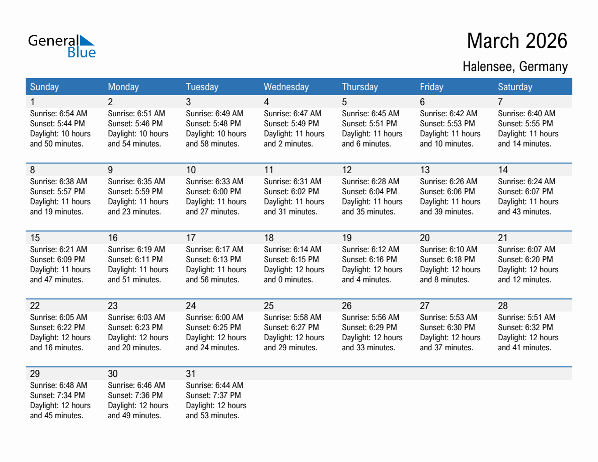 March 2026 sunrise and sunset calendar for Halensee