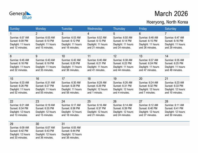Hoeryong March 2026 sunrise and sunset calendar in PDF, Excel, and Word
