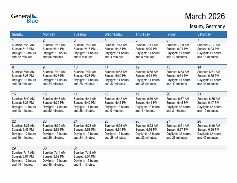 Issum March 2026 sunrise and sunset calendar in PDF, Excel, and Word