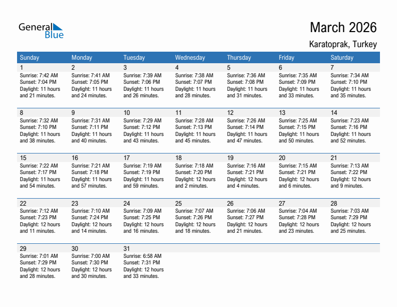 Karatoprak March 2026 sunrise and sunset calendar in PDF, Excel, and Word