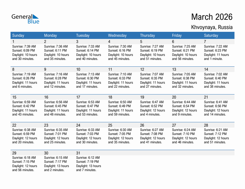 Khvoynaya March 2026 sunrise and sunset calendar in PDF, Excel, and Word