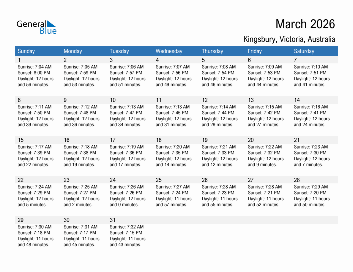 March 2026 sunrise and sunset calendar for Kingsbury