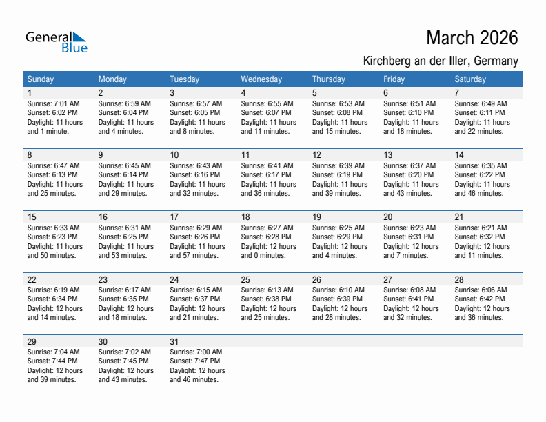 Kirchberg an der Iller March 2026 sunrise and sunset calendar in PDF, Excel, and Word