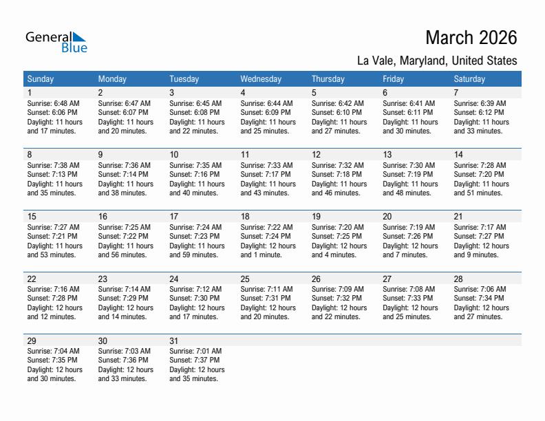 La Vale March 2026 sunrise and sunset calendar in PDF, Excel, and Word