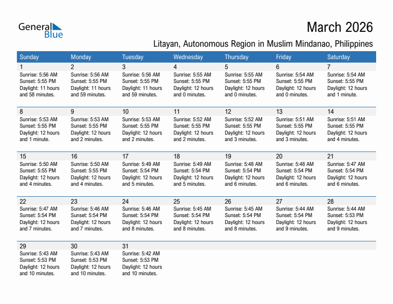 Litayan March 2026 sunrise and sunset calendar in PDF, Excel, and Word
