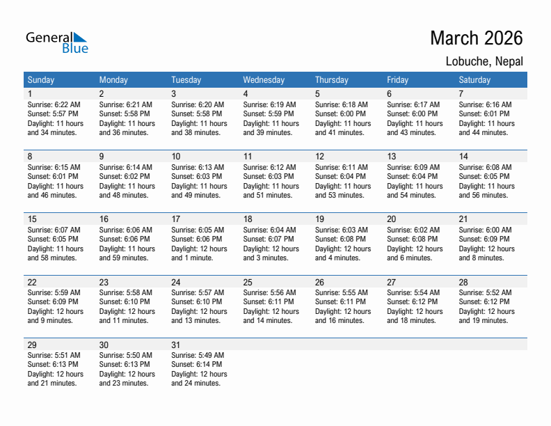 Lobuche March 2026 sunrise and sunset calendar in PDF, Excel, and Word