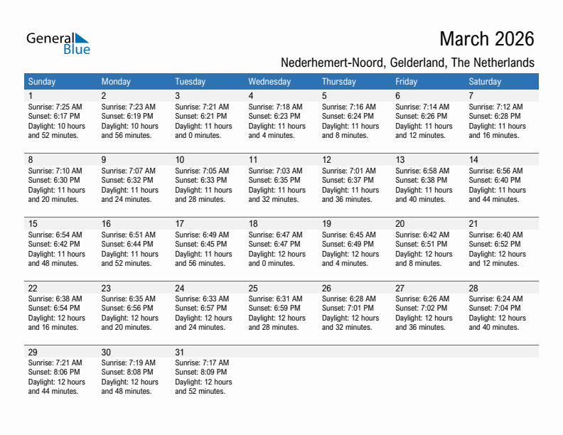 Nederhemert-Noord March 2026 sunrise and sunset calendar in PDF, Excel, and Word