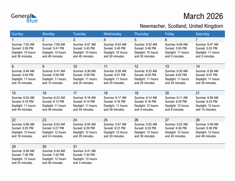Newmacher March 2026 sunrise and sunset calendar in PDF, Excel, and Word