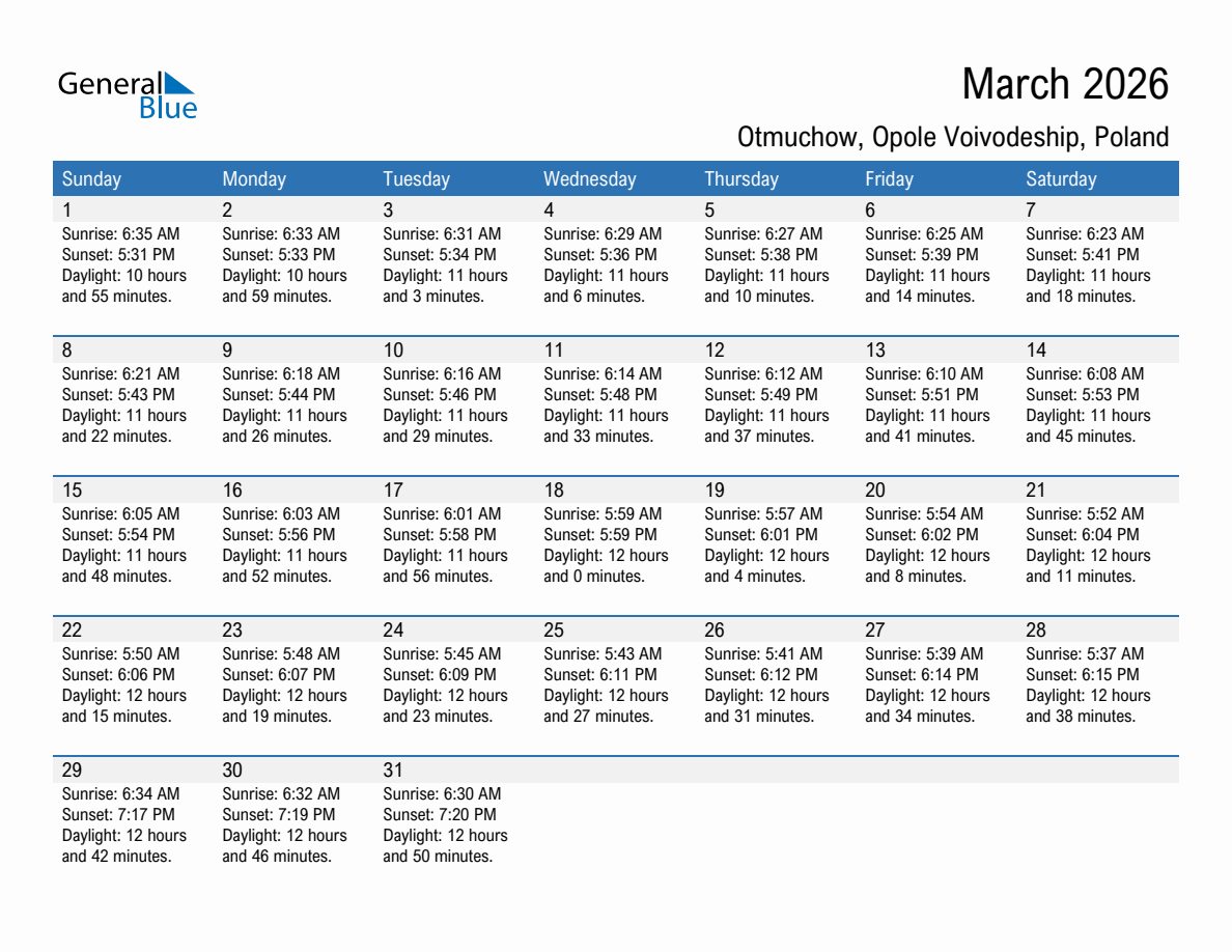 March 2026 sunrise and sunset calendar for Otmuchow