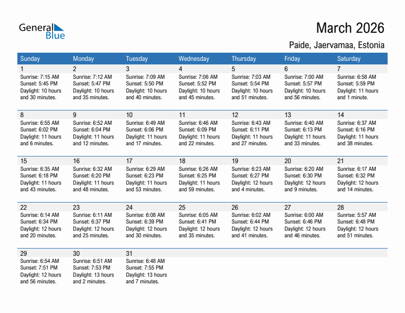 Paide March 2026 sunrise and sunset calendar in PDF, Excel, and Word
